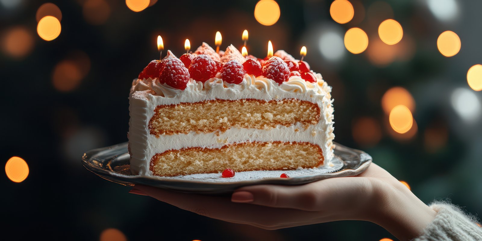 Delicious cake topped with fresh berries and candles held in a cozy atmosphere during a festive celebration